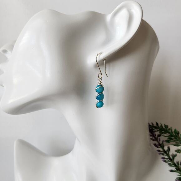 Turquoise Seashell Beads Dangle Earrings, Silver Wire Wrapped Dainty Earrings - Picture 3 of 6